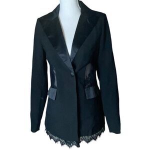 4th + Reckless Women’s Black Satin Lapel Lace Sides Lace Hem Blazer Size 6